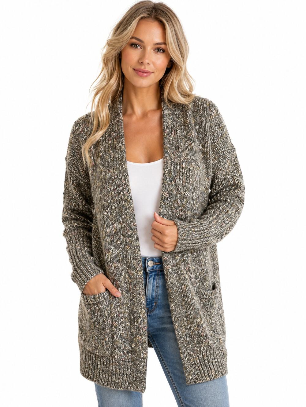 Lucky Brand Venice Marl Cardigan Chunky Knit Open Front Long Sweater XS